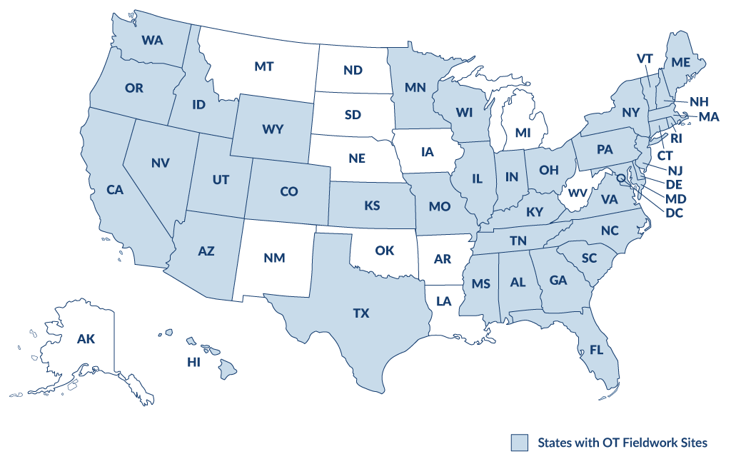 A map of the U.S. highlighting states where U N E occupational therapy students can participate in fieldwork opportunities