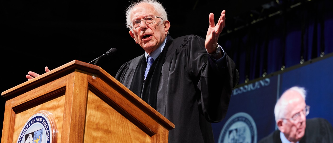 U.S. Senator Bernie Sanders speaks at the podium