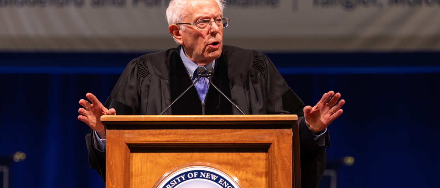 U.S. Senator Bernie Sanders speaks at the podium