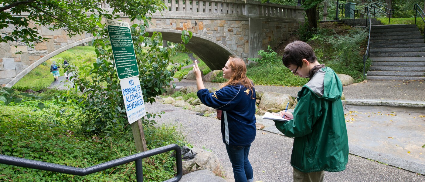 U N E students at Deering Oaks Park in Portland, Maine