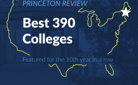 A graphic of the United States overlaid against a UNE image. The text reads "Princeton Review, Best 390 Colleges, Featured for the 10th Year in a Row." 